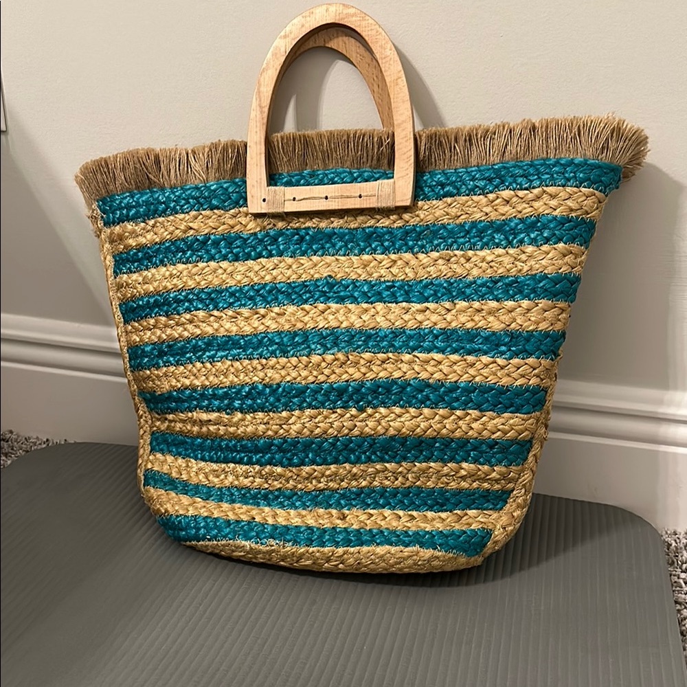 Anton Kraft Striped Teal and Tan Woven Straw Tote Bag